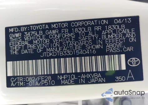 2013 Toyota Prius C One z USA, uszkodzony, nr VIN JTDKDTB33D1540416